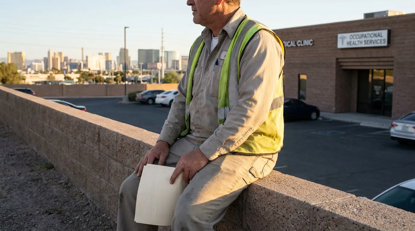Las Vegas Injured Worker Outside Occupational Health Clinic worker in safety vest holding documents outside Occupational Health Services clinic