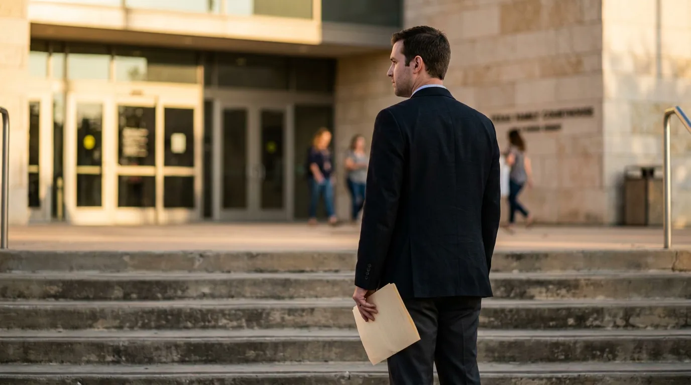 suited attorney holding manila folder standing on courthouse steps facing entrance