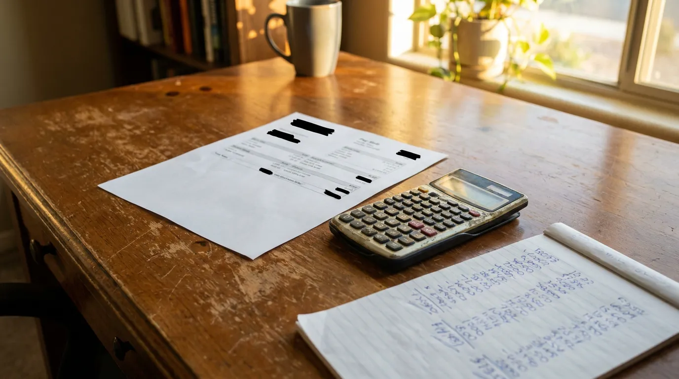 Las Vegas Workers Comp Wage Calculation Documents and Calculator redacted financial document, calculator, and handwritten notes on wooden desk
