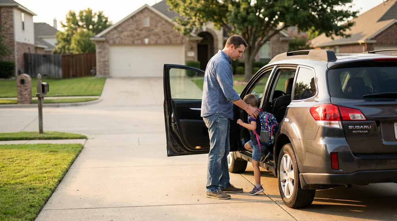 adult helping young child with backpack exit Subaru Outback in residential driveway