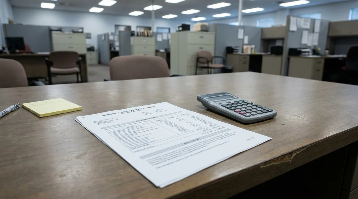 Las Vegas Workers Comp Settlement Document and Calculator Workers' Compensation Settlement document and calculator on office desk