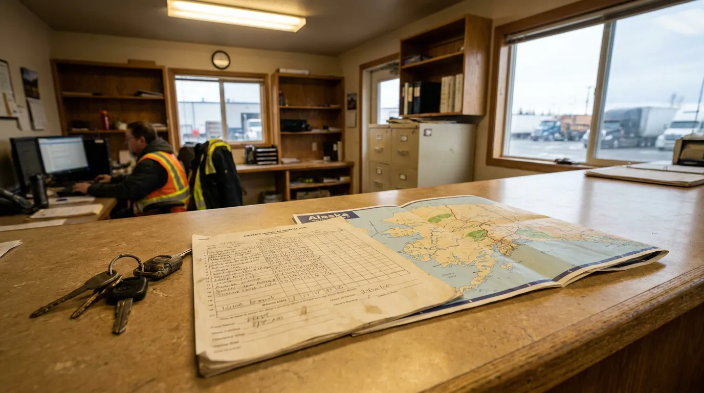 Alaska Truck Driver Hours of Service Log Dispatch Office Alaska map and driver logbook on trucking dispatch office counter with keys