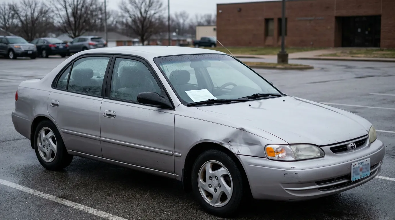 St. Louis Car Accident Damage Evidence for Pain and Suffering Claim Toyota Corolla sedan with front fender collision damage parked in lot