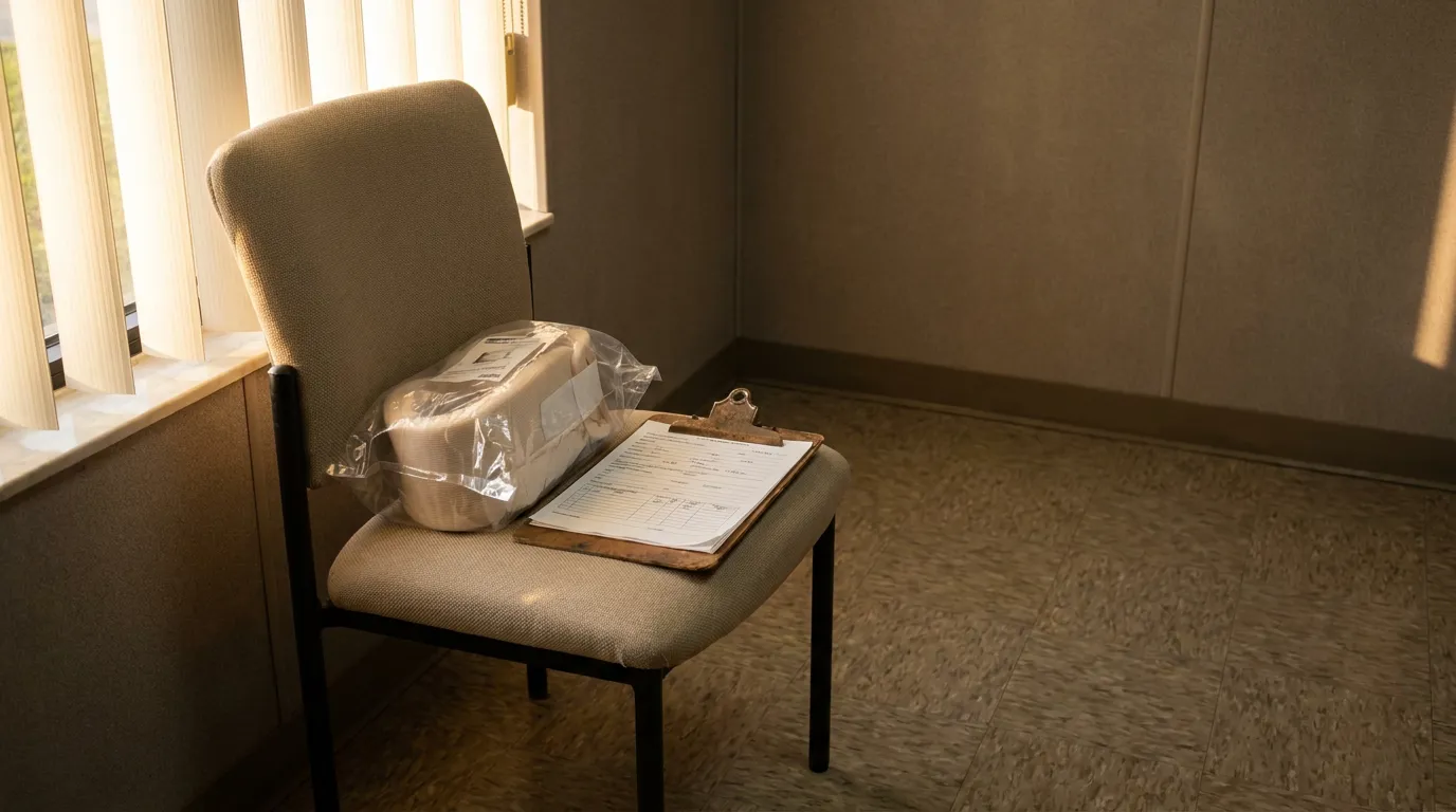 Florida Injured Passenger Medical Intake Clipboard and Brace clipboard with medical intake form and plastic-wrapped item resting on waiting room chair