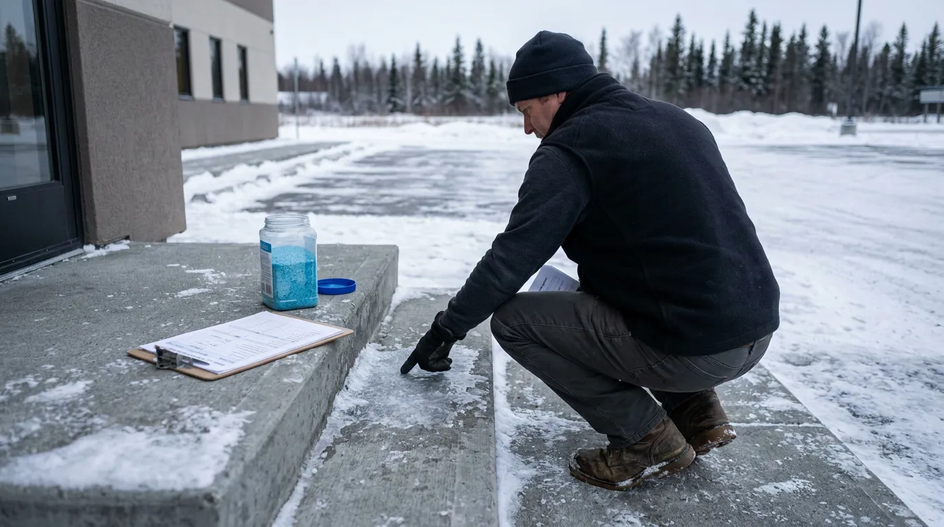 Inspector Examining Icy Steps Outside Alaska Building man inspecting icy concrete steps near building entrance with ice melt container and clipboard