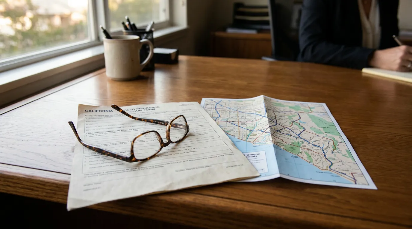 Orange County Car Accident Lawyer Reviewing California Auto Insurance Claim California auto insurance claim form and road map on wooden desk with eyeglasses