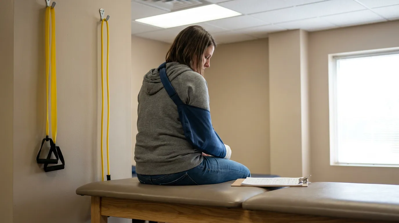 woman wearing arm sling seated on medical exam table with clipboard nearby