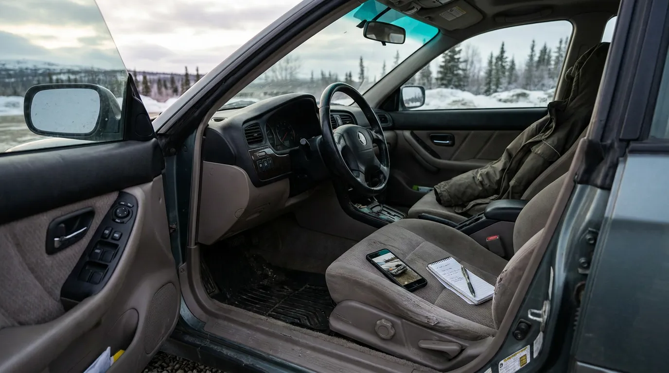 Alaska Driver Documenting Car Accident Scene With Phone and Notepad vehicle interior with smartphone and notepad on driver seat in winter setting