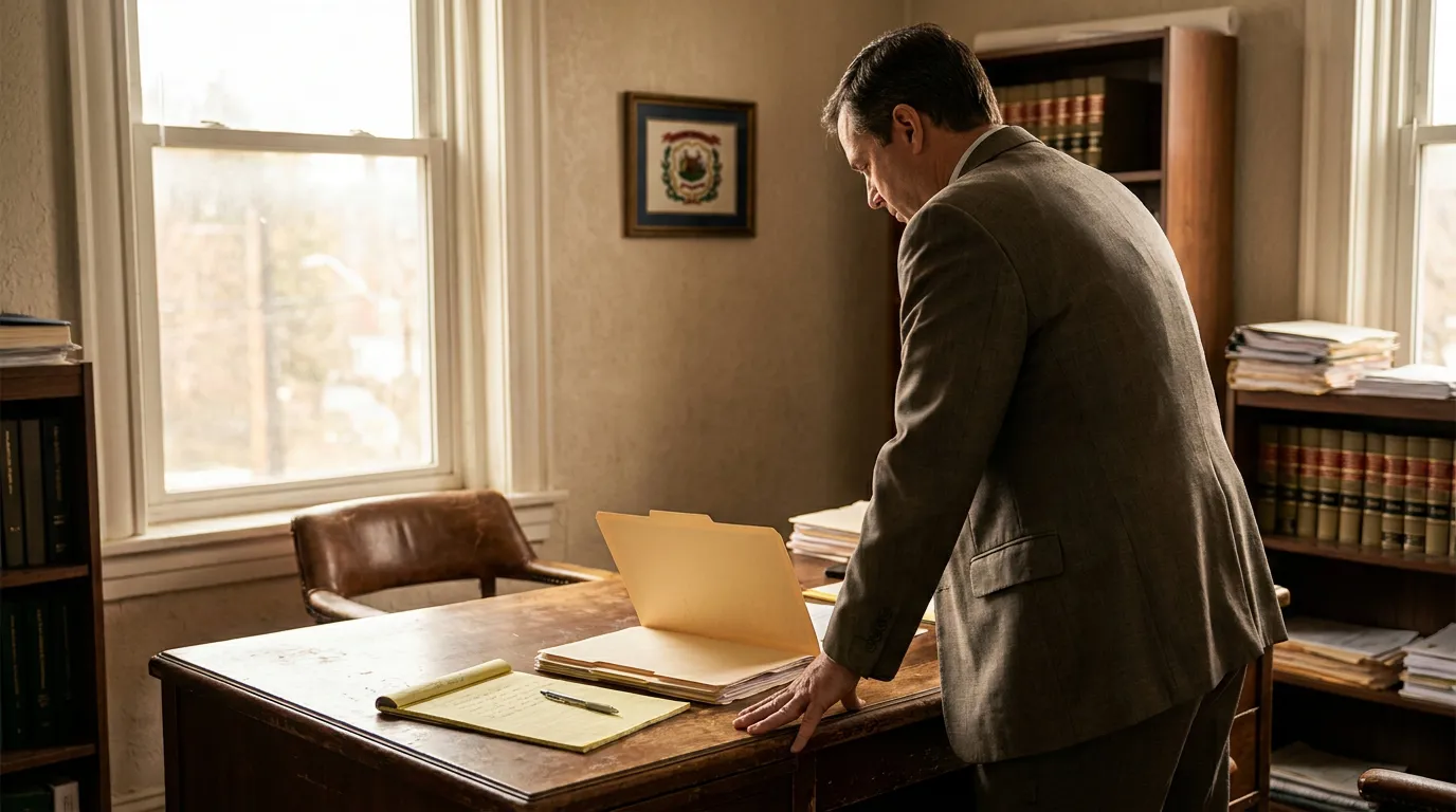 Morgantown Medical Malpractice Attorney Reviewing Case Files attorney leaning over desk reviewing open case folder and legal documents