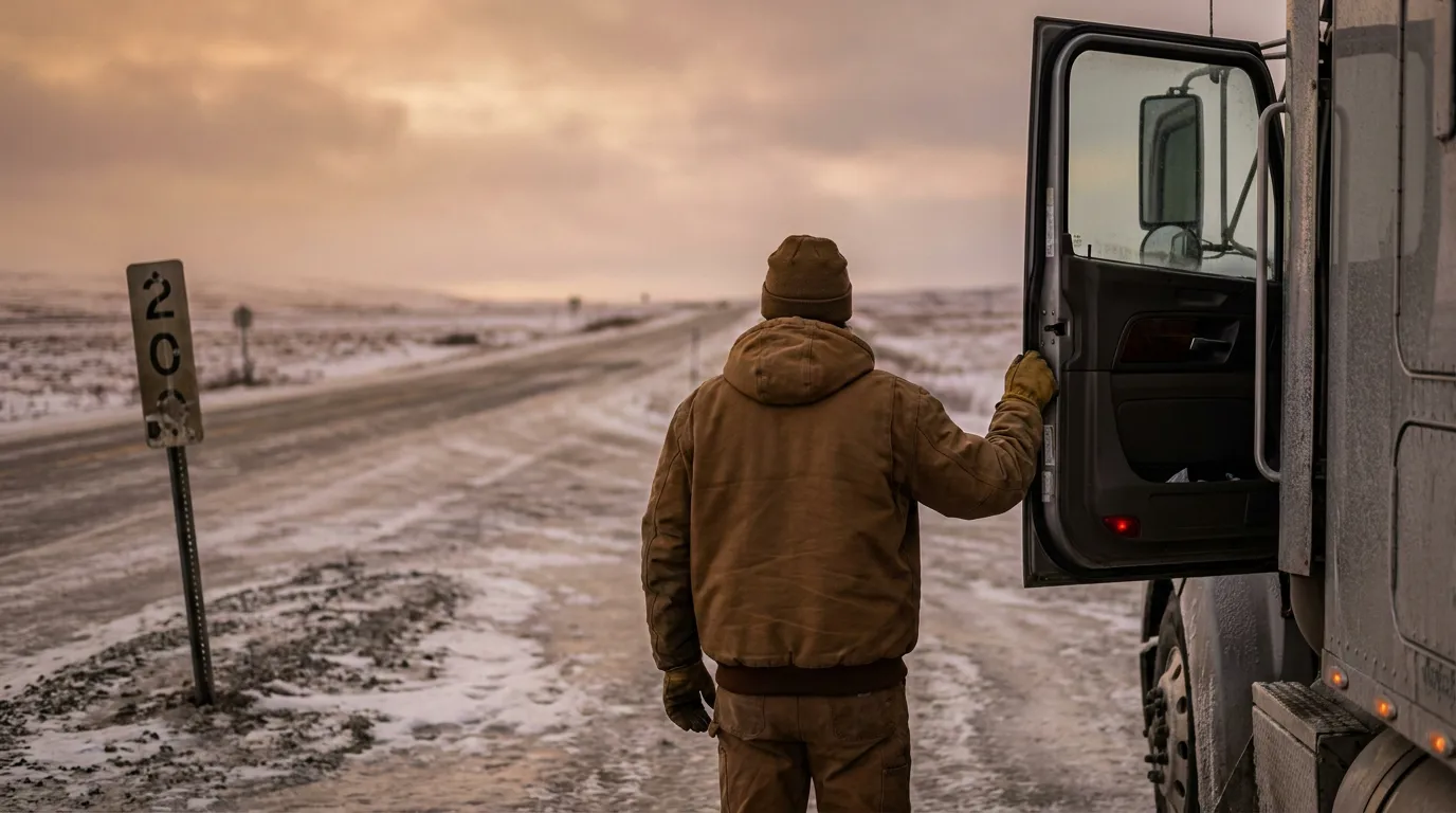 Truck Driver on Icy Alaska Dalton Highway Winter Road truck driver in winter gear opening semi-truck cab door on snowy highway