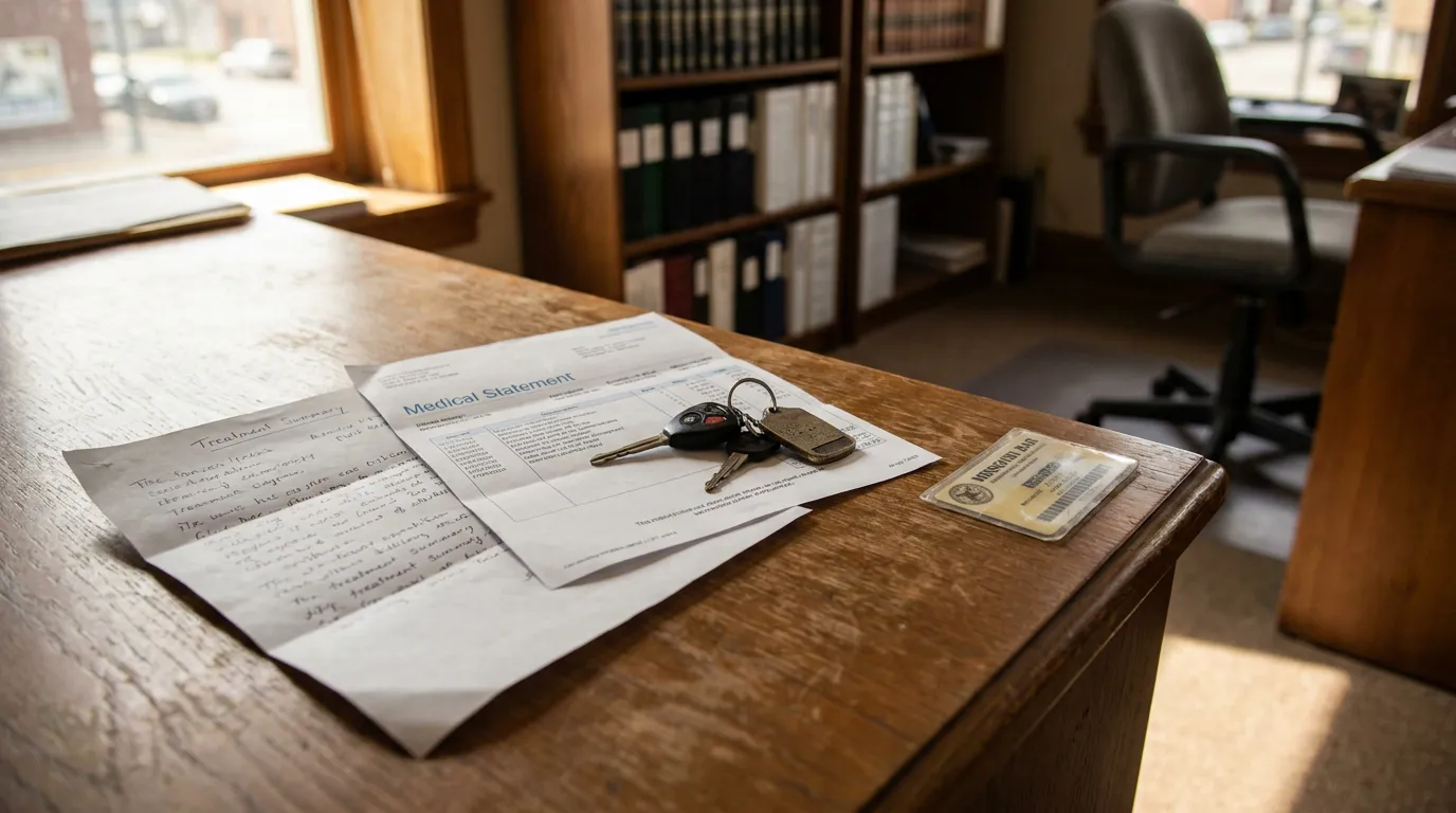 St. Louis Truck Accident Compensation Claim Documents Attorney Office Medical Statement document, car keys, and ID card on law office desk