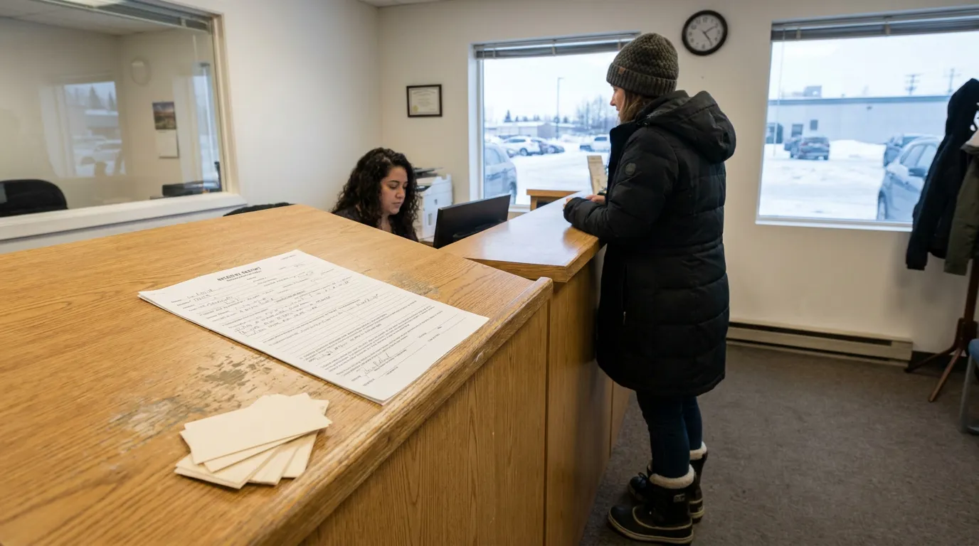 Anchorage Slip and Fall Victim Filing Accident Report at Office client standing at reception desk with accident report form placed on counter