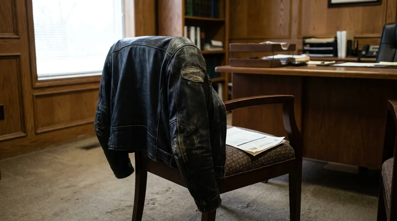 Damaged Motorcycle Jacket at St. Louis Attorney Office worn leather jacket draped over chair in wood-paneled law office