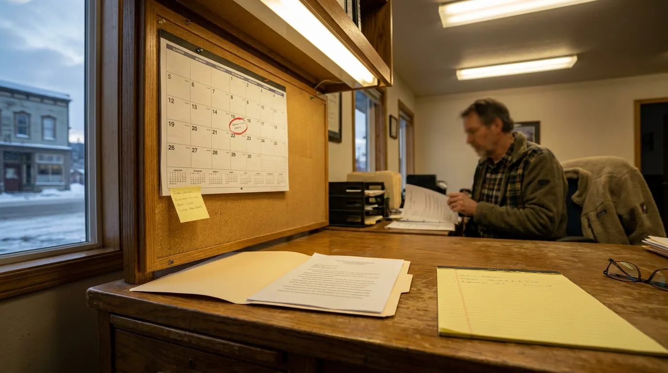 Alaska Malpractice Filing Deadline Calendar Attorney Office legal documents and notepad on desk beside wall calendar with circled date