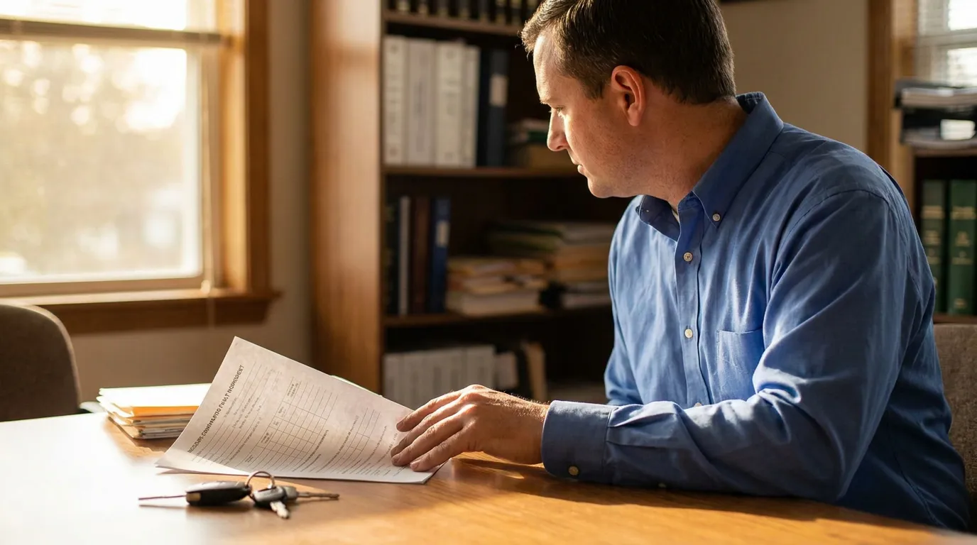 man seated at desk reviewing legal document with car keys nearby