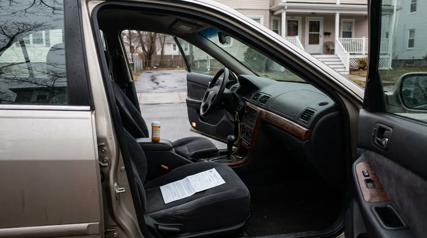 Prescription Pill Bottle Found in Massachusetts Vehicle Interior car interior with prescription pill bottle and document on front seat