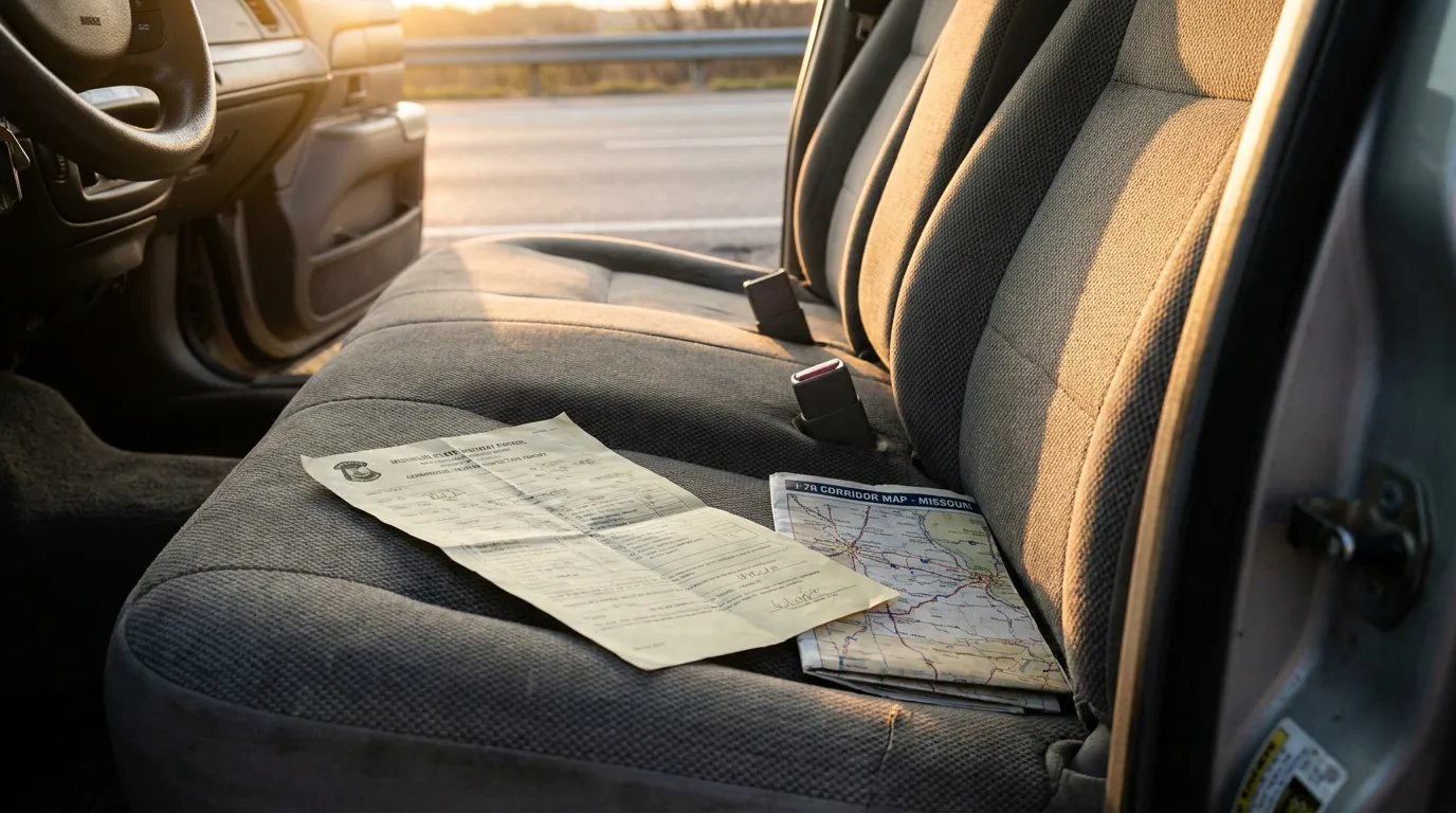Missouri Truck Accident Report and I-70 Corridor Map Missouri State Patrol form and I-70 Corridor Map resting on vehicle front seat