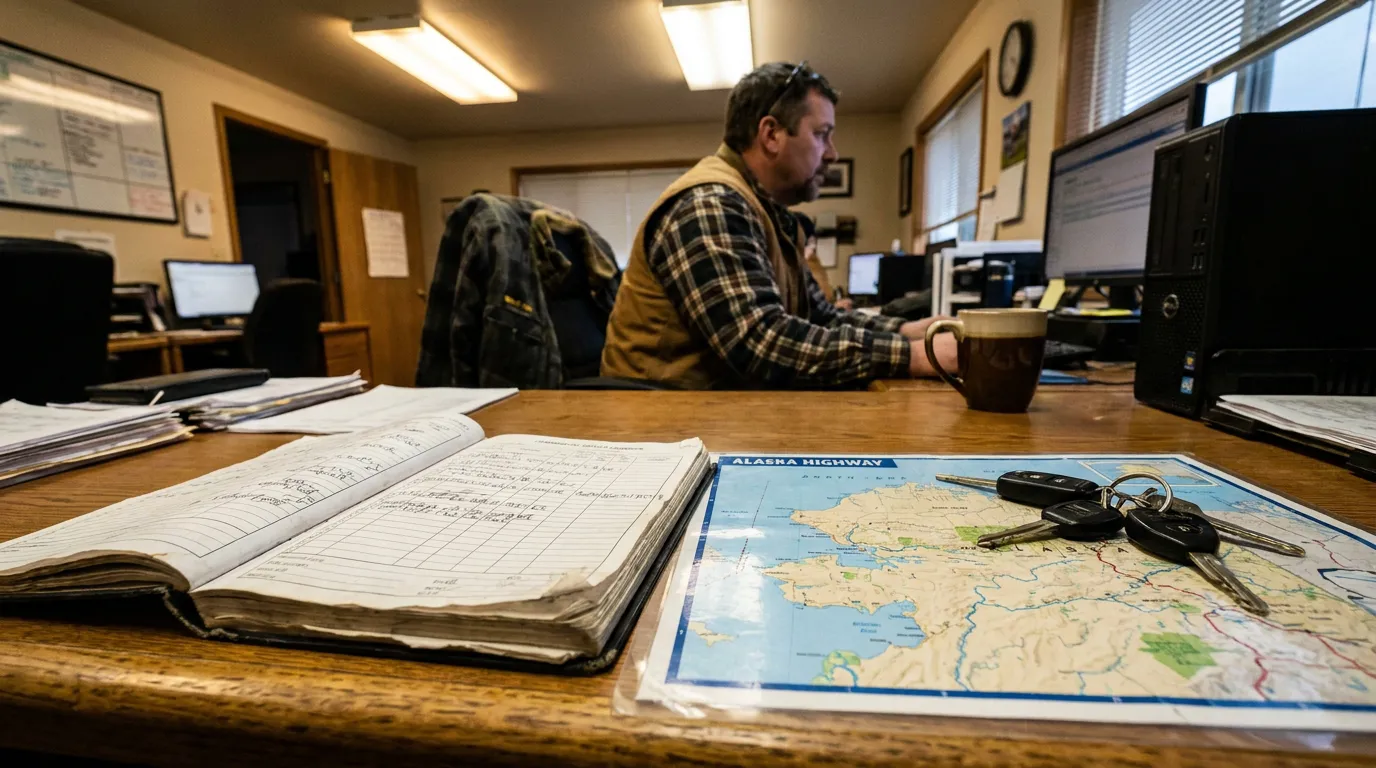 Alaska Trucking Company Office With Highway Map and Logbook open logbook and Alaska Highway map with keys on office desk