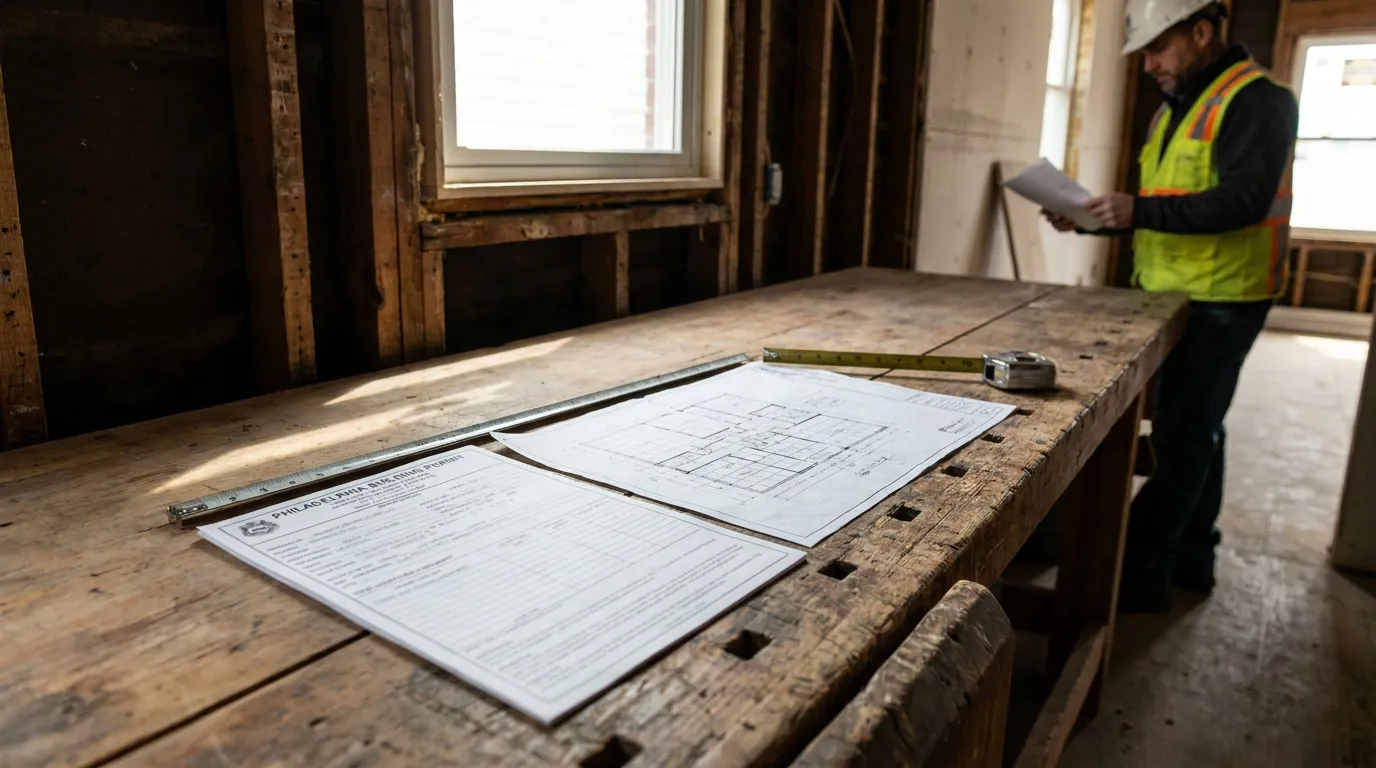 Philadelphia Building Permit and Plans for Triplex Conversion Philadelphia building permit and blueprints on workbench with construction worker reviewing documents