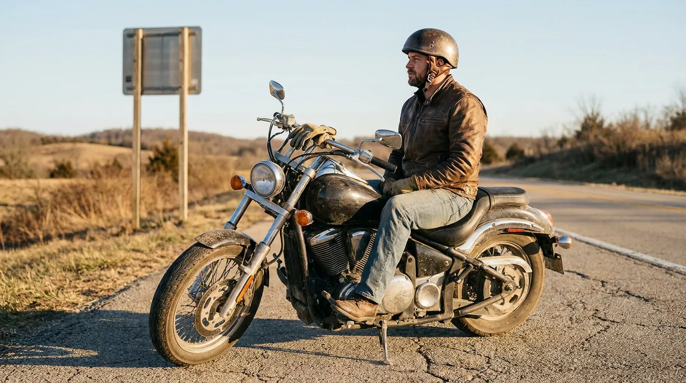 Missouri Motorcyclist Wearing Helmet on Rural Road helmeted motorcyclist in leather jacket seated on cruiser motorcycle along rural road