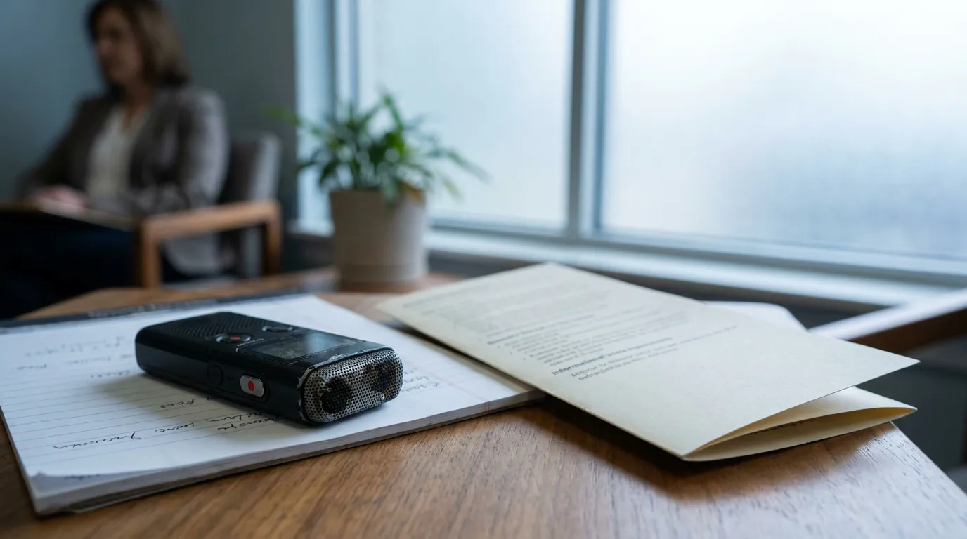 Alaska Car Accident Recorded Statement Insurance Adjuster Meeting voice recorder and handwritten notepad beside open legal document on desk