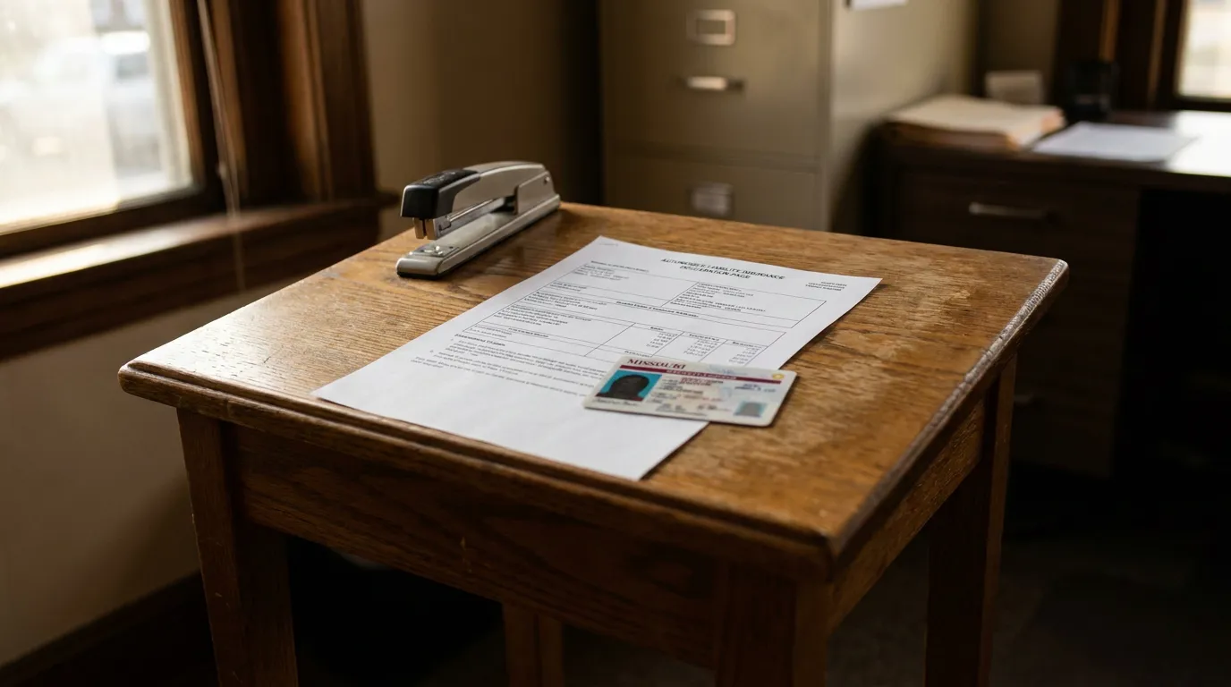 automobile liability insurance declaration page and Missouri ID on wooden desk