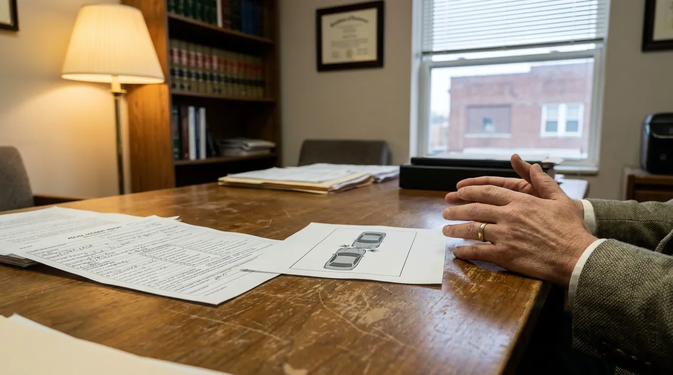 St. Louis Attorney Reviewing Rear-End Crash Fault Documents attorney reviewing police accident report and vehicle collision diagram on office desk