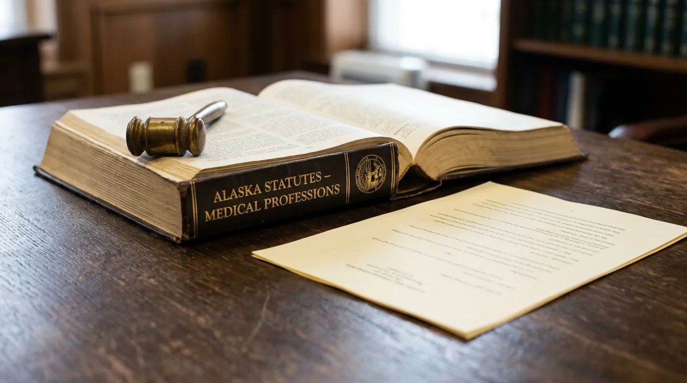 Alaska Medical Malpractice Statute of Limitations Law Book Alaska Statutes Medical Professions book open with gavel and legal document on desk