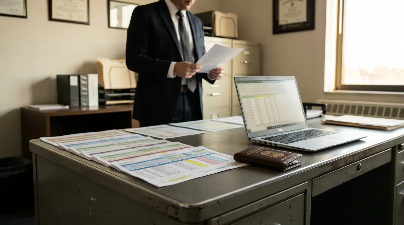Federal Healthcare Fraud Attorney Reviewing Case Documents suited attorney reviewing documents beside desk with passport, spreadsheets, and open laptop