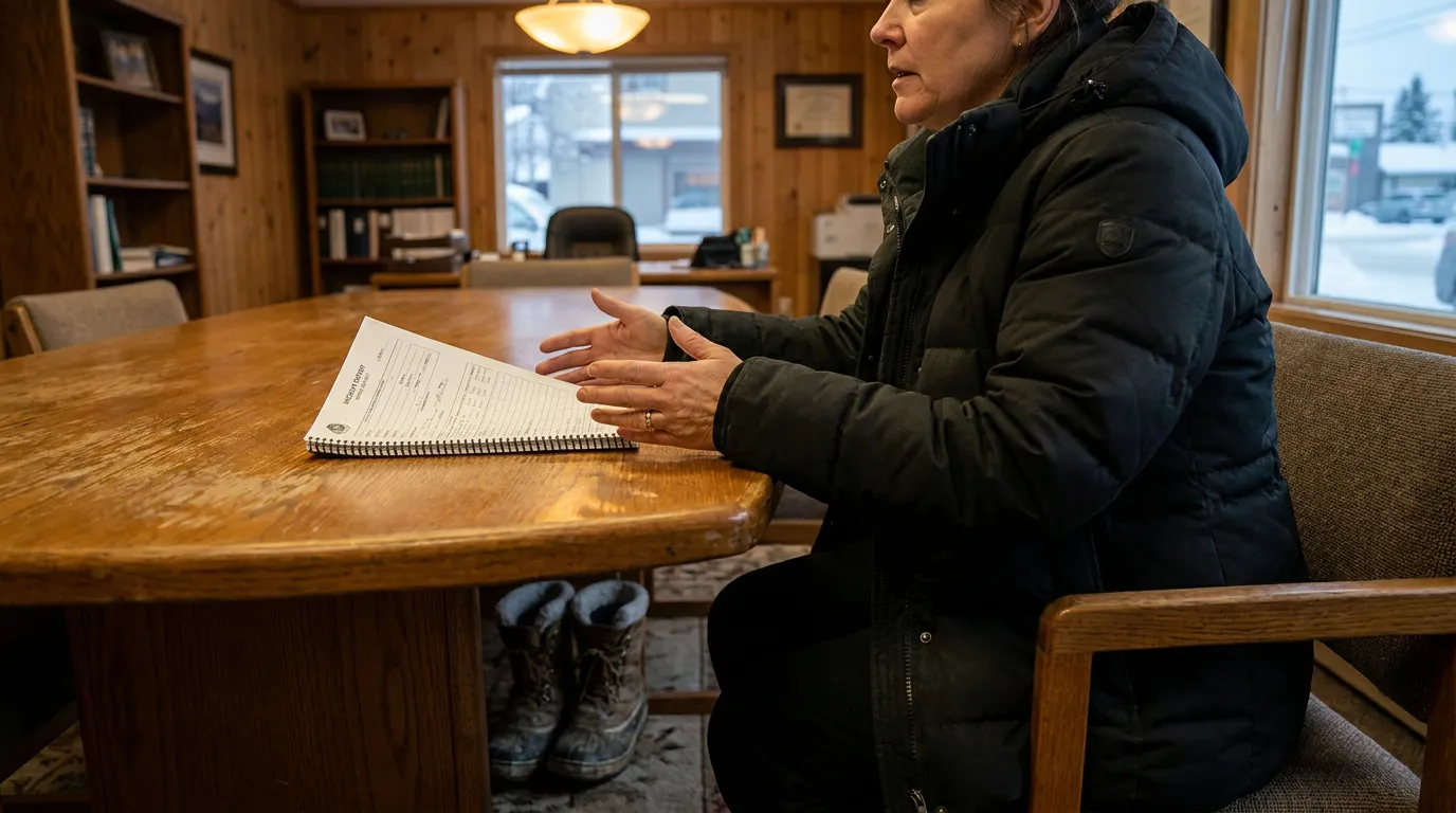 Alaska Slip and Fall Client Meeting With Attorney Evidence woman seated at wooden conference table with spiral-bound legal report document