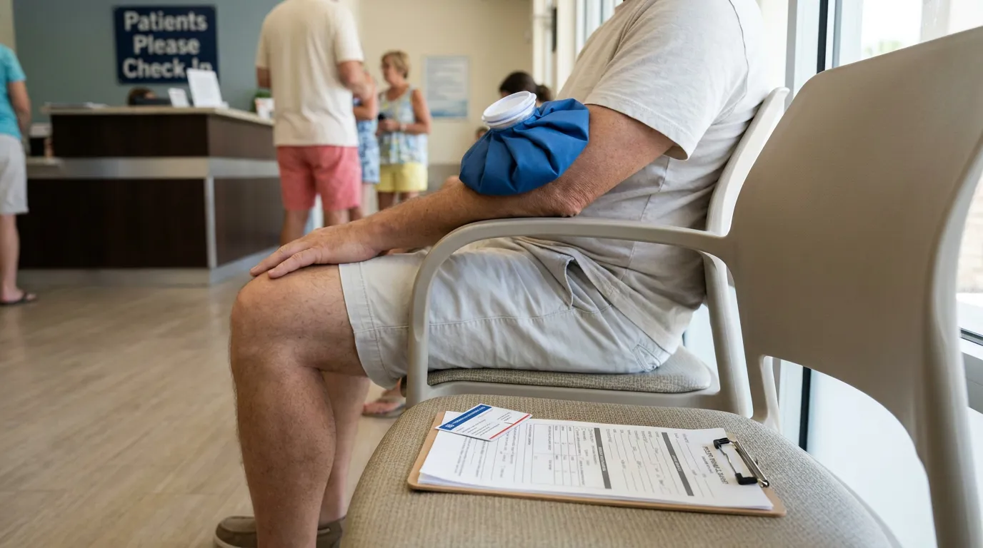 Florida Pedestrian Accident Injury Victim Waiting in ER injured man holding ice pack on arm seated in medical waiting room with clipboard