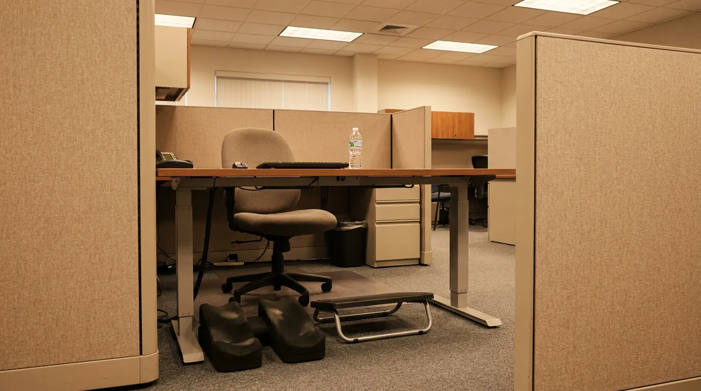 Melville NY Workplace Cubicle PWFA Pregnancy Accommodation empty office cubicle with desk, chair, keyboard, and footrest on floor