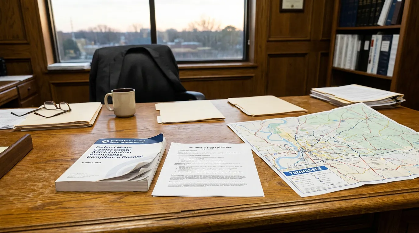 FMCSA Ambulance Compliance Booklet, Hours of Service document, and Tennessee map on attorney desk