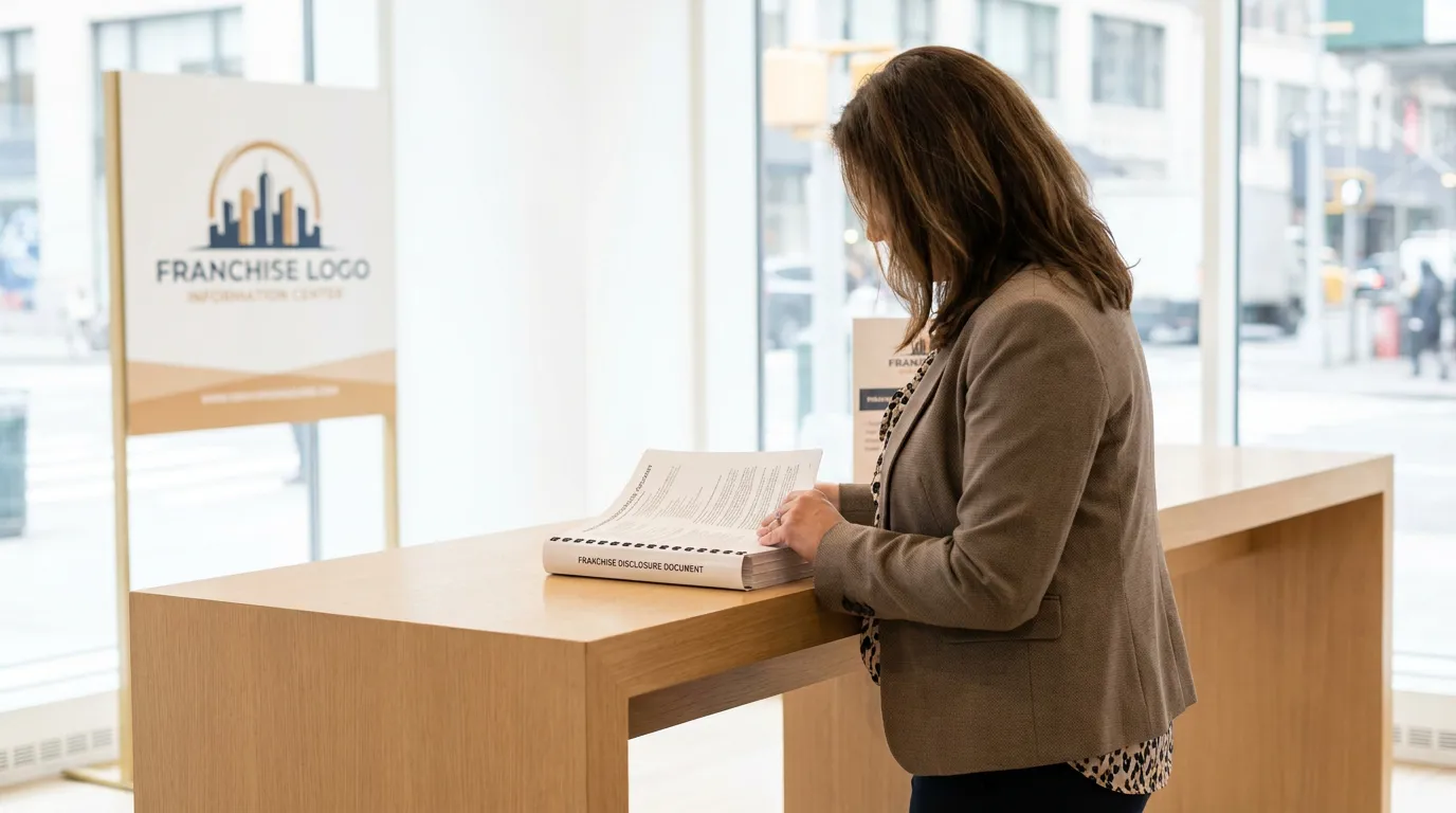 Attorney Reviewing Franchise Disclosure Document Buffalo New York woman reviewing Franchise Disclosure Document at standing desk near Franchise Logo Information Center sign