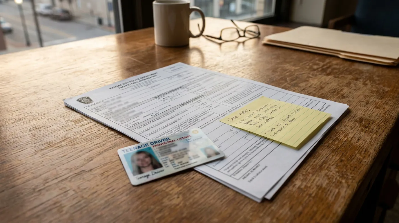 Kansas City Teen Driver License and Crash Police Report Kansas City Police Department traffic collision report beside teenage driver provisional license