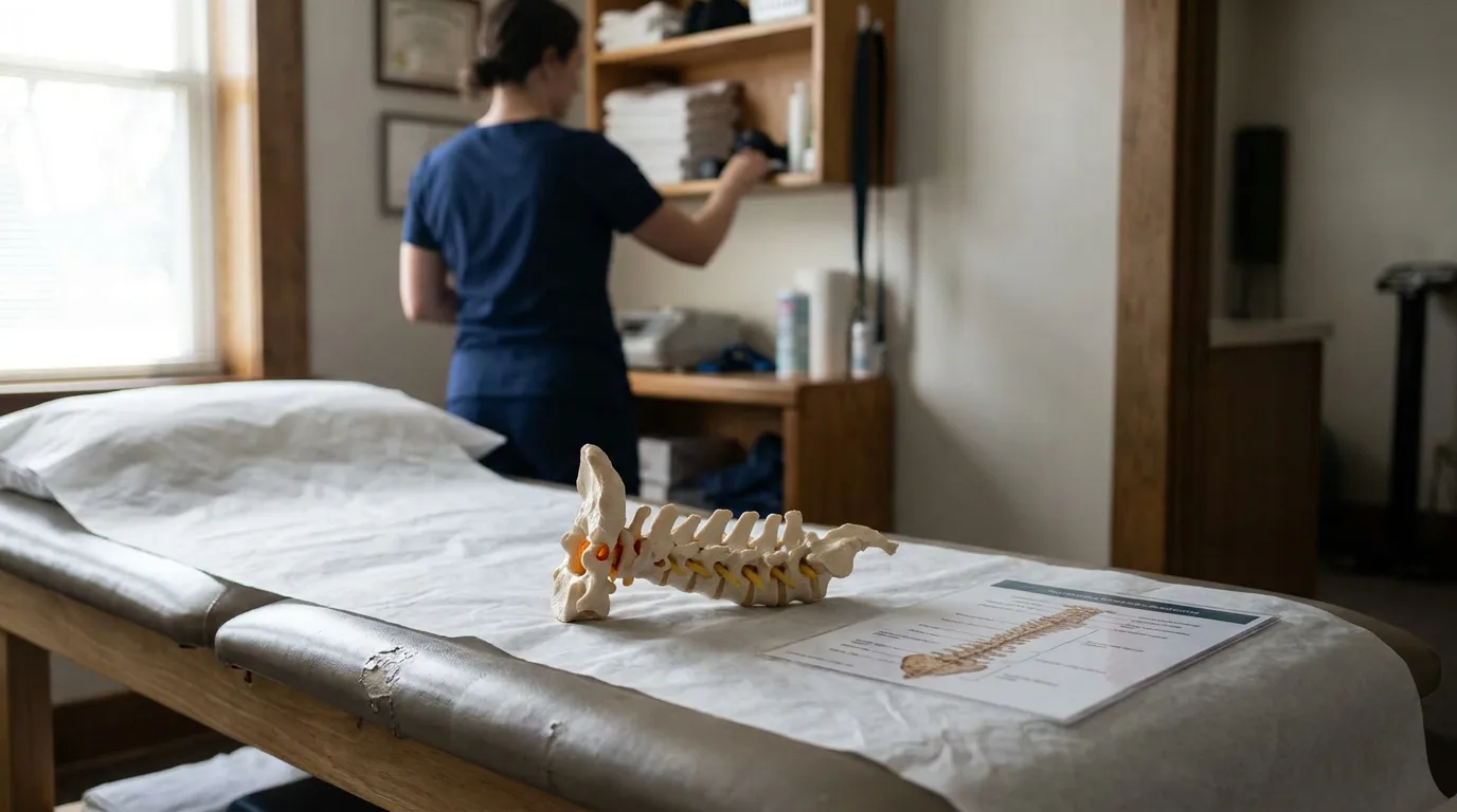 spinal anatomy model and medical document on examination table in clinical room