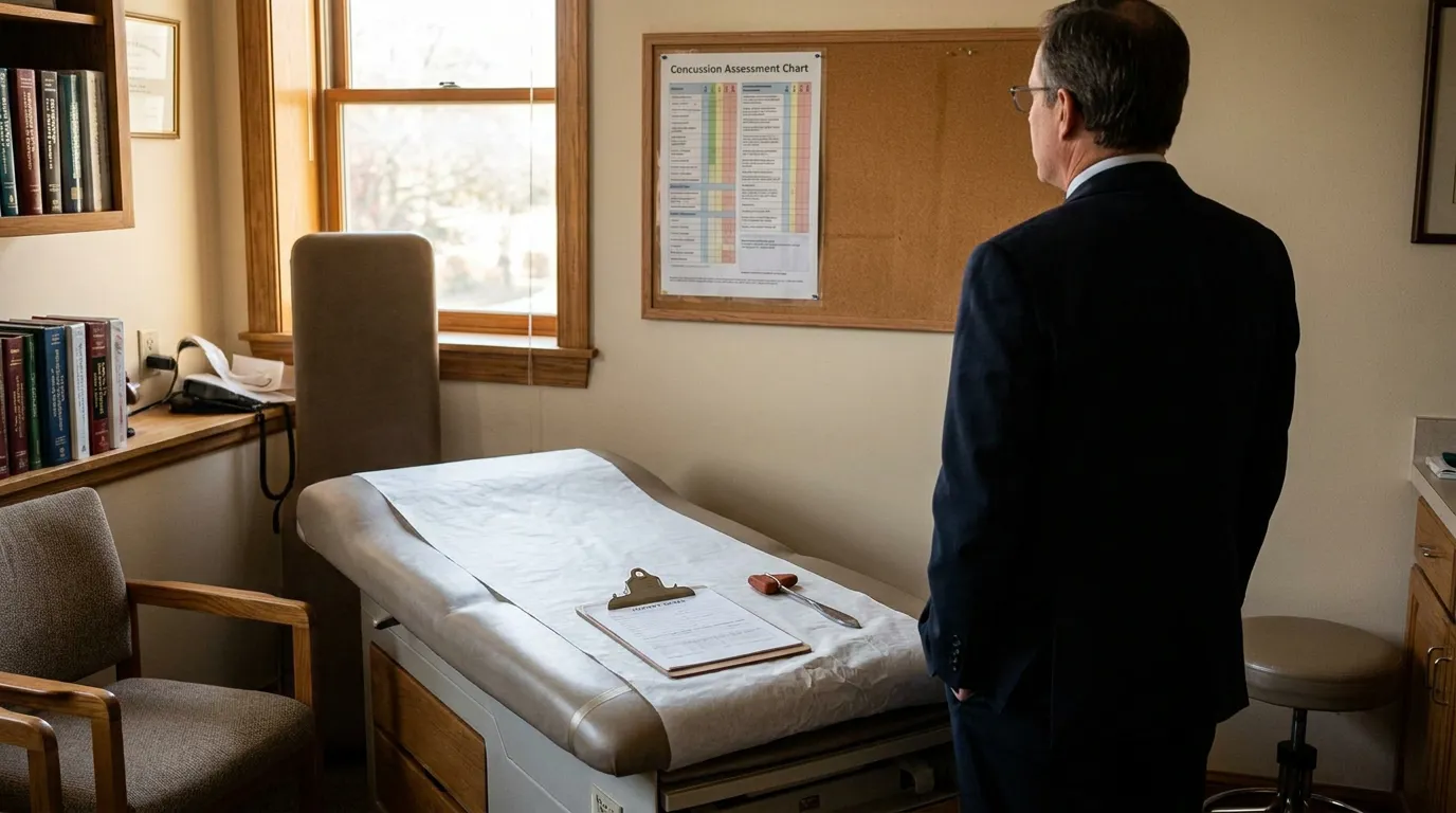 suited man standing in medical exam room beside Concussion Assessment Chart