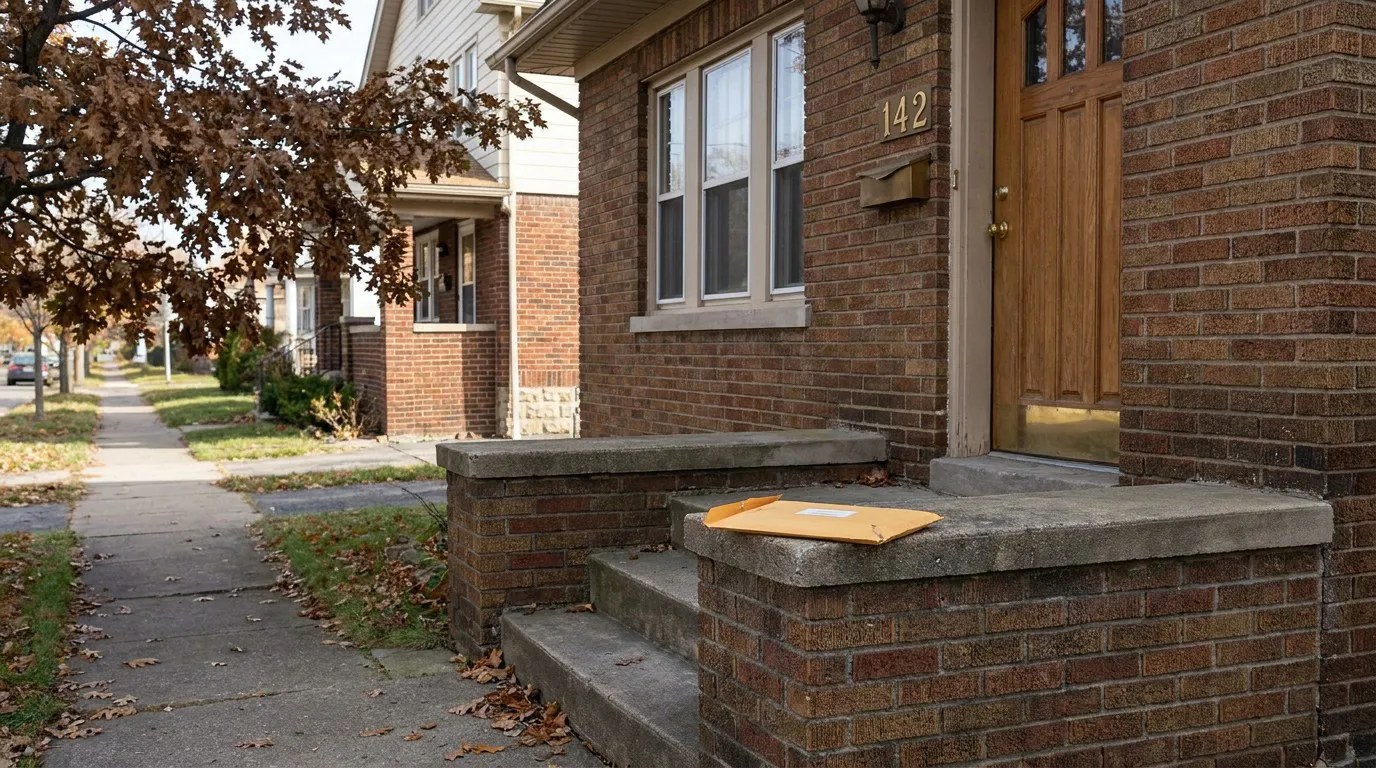 Buffalo Home Receiving Estate Planning Documents manila envelope left on front porch steps of brick residential home numbered 142