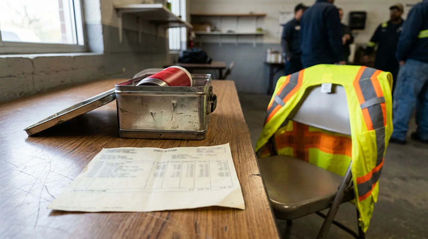 Melville NY Construction Worker Pay Stub Overtime Rights construction hard hat, safety vest, document, and metal box on worksite table