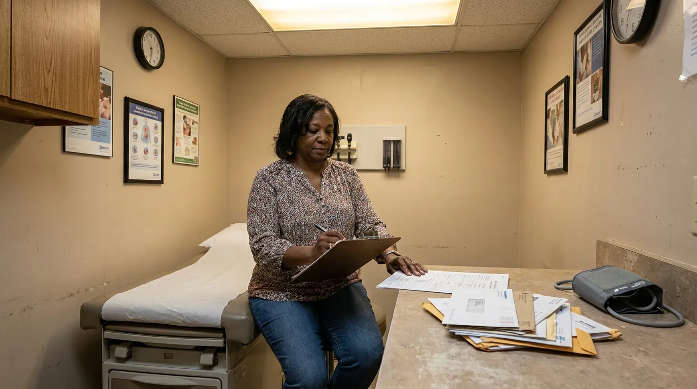 Memphis Car Accident Victim Reviewing Medical Bills at Clinic woman seated on medical exam table reviewing clipboard with documents nearby