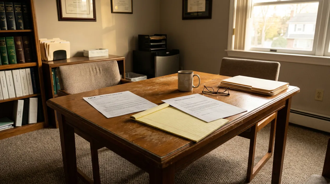 Melville NY FMLA Retaliation Attorney Office Desk law office desk with FMLA documents, legal notepad, glasses, and law books