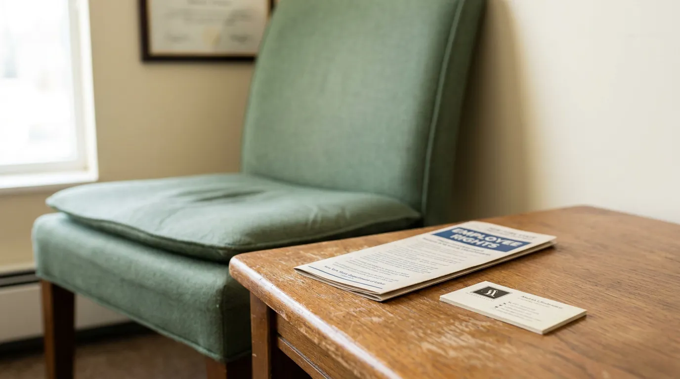 Employee Rights pamphlet and attorney business card on wooden office table