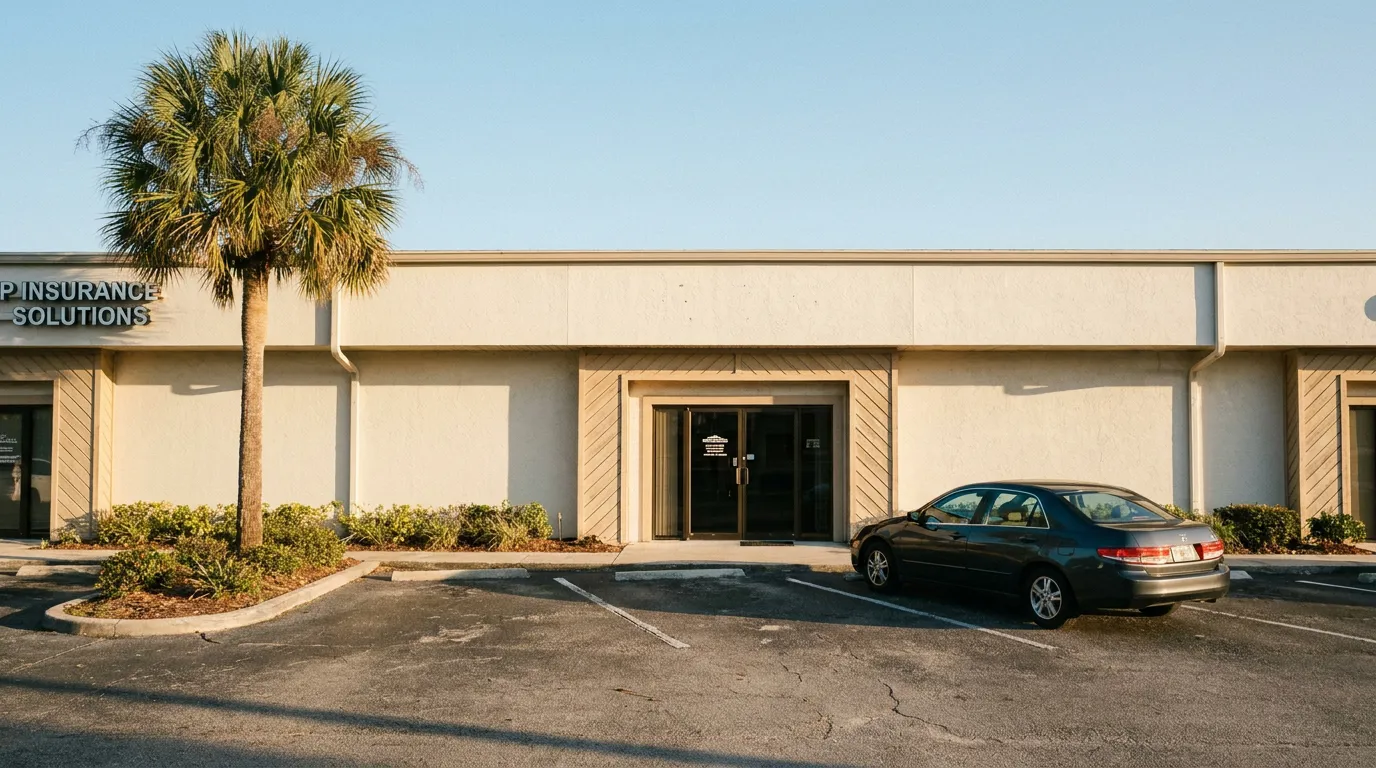 Florida Insurance Solutions Office Workers Comp Adjuster exterior of Insurance Solutions office building with palm tree and parking lot