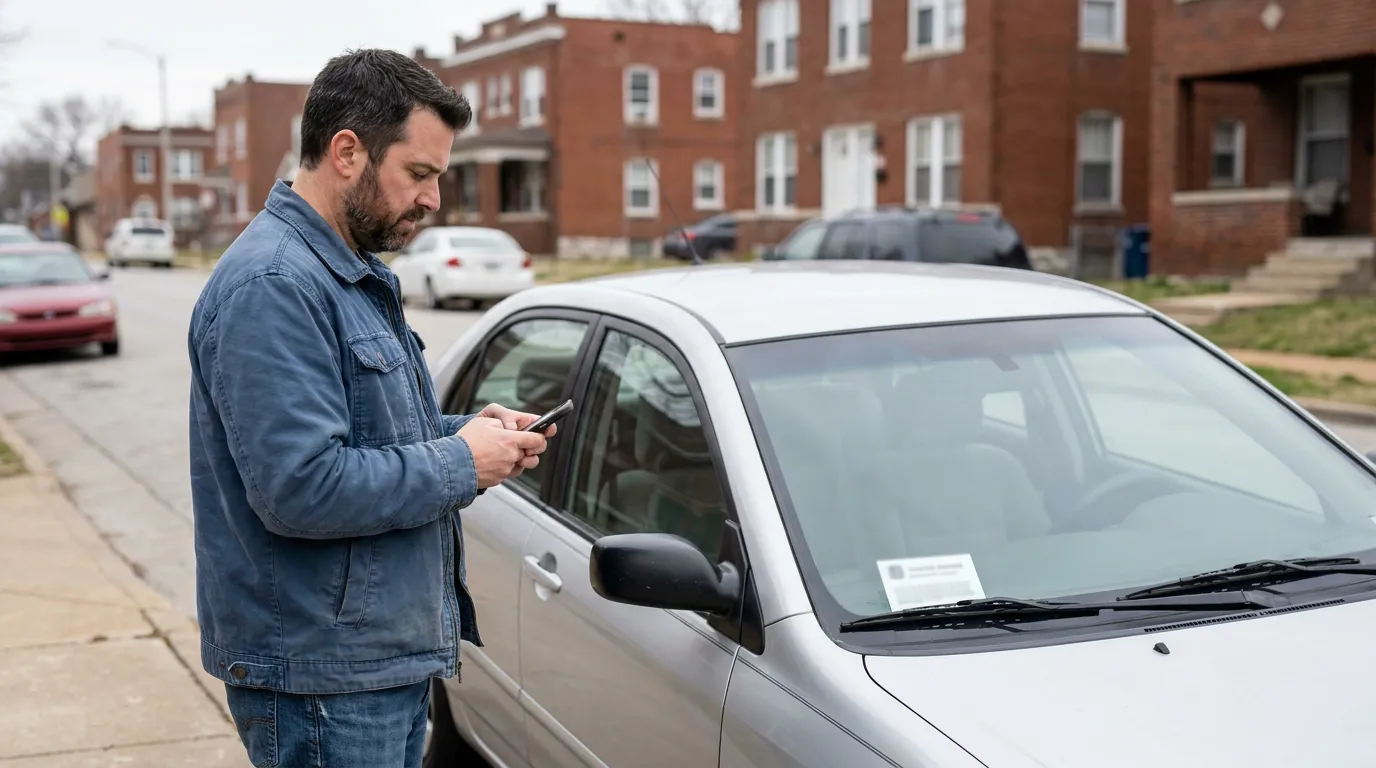 man using smartphone beside parked car with notice tucked under windshield wiper