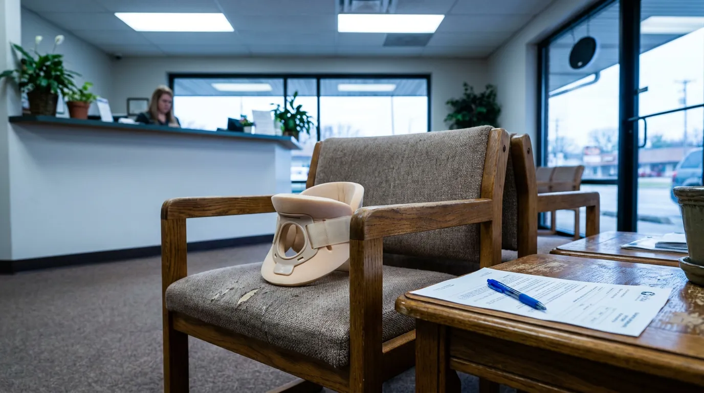 cervical neck brace resting on waiting room chair beside intake form
