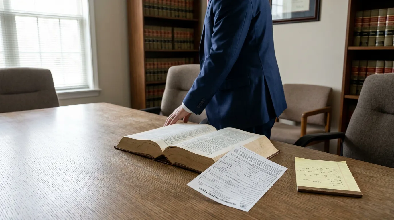 attorney standing at desk with open law book and Missouri traffic ticket