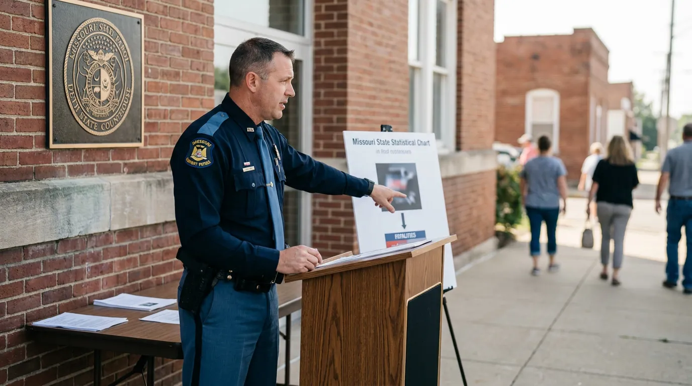 Missouri State Patrol officer presenting Missouri State Statistical Chart fatalities display at courthouse podium