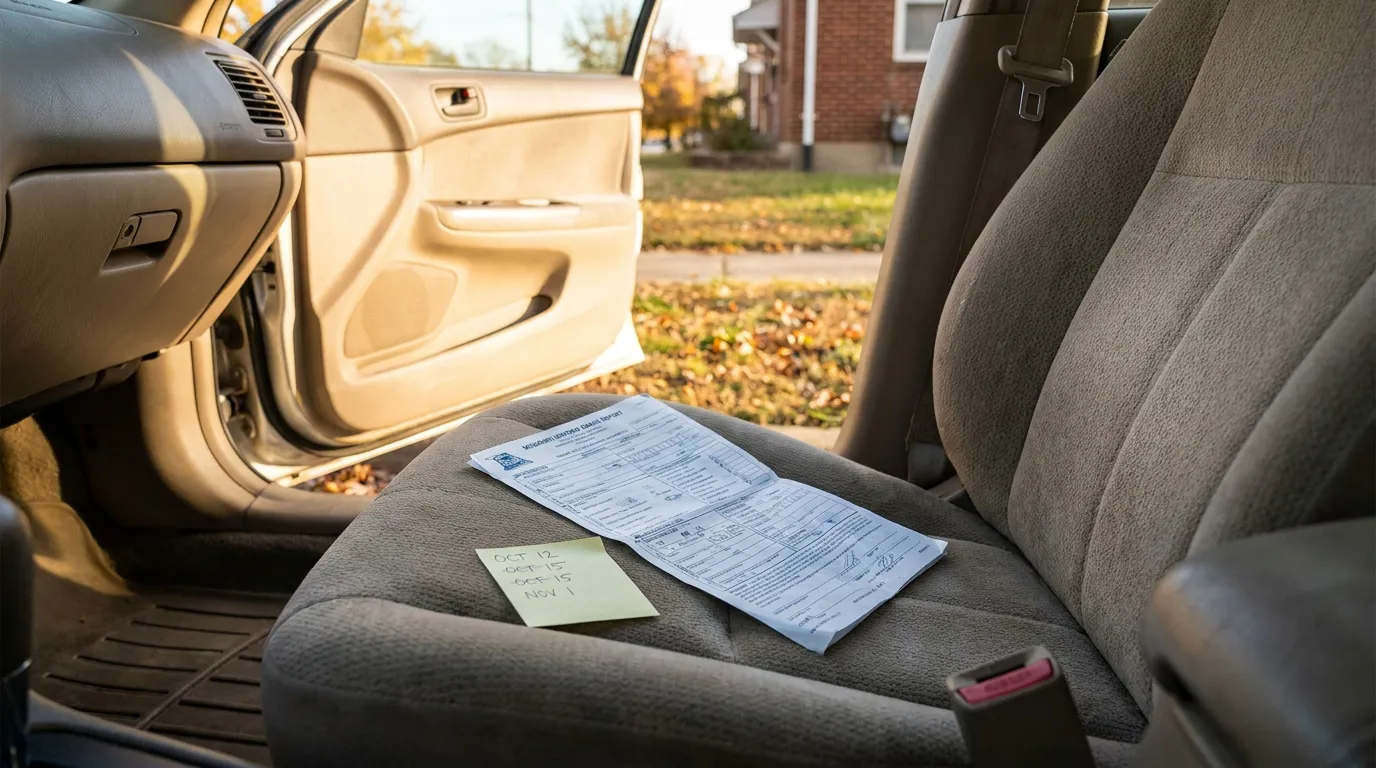 accident crash report and dated sticky note resting on vehicle passenger seat