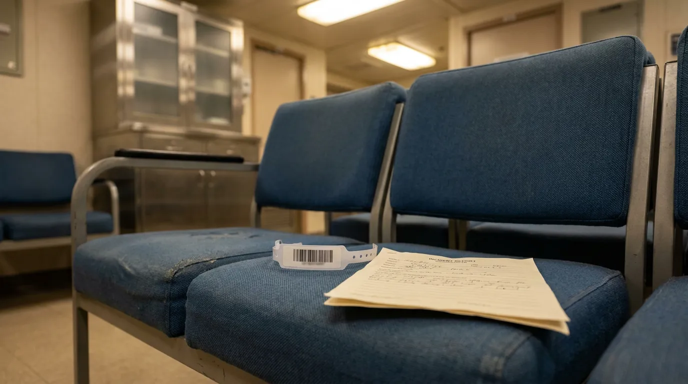 Cruise Ship Medical Bay Incident Report Hollywood Florida hospital waiting room chair with patient wristband and incident report document