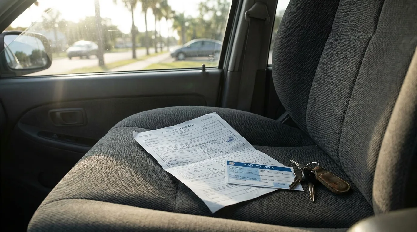 Florida Traffic Crash Report and State of Florida card with car keys on vehicle seat